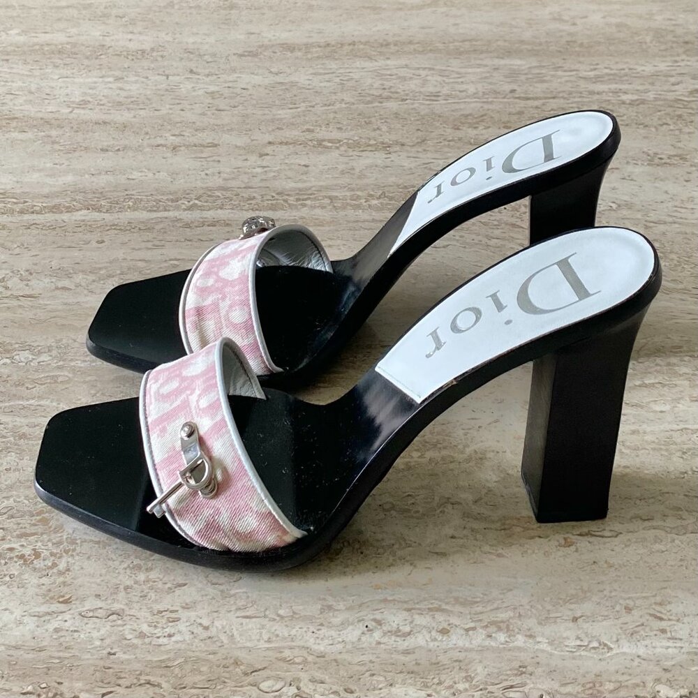 Vintage Dior Trotter Canvas Heart Lock Key Mule Sandals - Picture 3 of 10